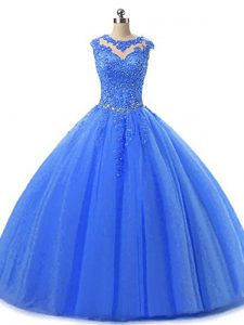 Sleeveless Floor Length Beading and Lace Lace Up Quinceanera Gowns with Blue