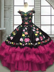 Multi-color Ball Gowns Off The Shoulder Sleeveless Organza and Taffeta Floor Length Lace Up Embroidery and Ruffled Layers Quince Ball Gowns