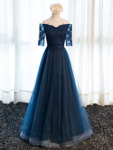 Navy Blue Mother Of The Bride Dress Prom and Party and Sweet 16 with Beading and Lace and Appliques V-neck Half Sleeves Lace Up