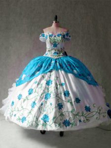 Lovely Off The Shoulder Cap Sleeves Lace Up Quinceanera Gowns Blue And White Organza and Taffeta