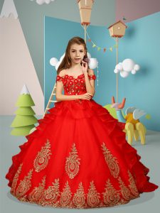 Tulle Sleeveless Floor Length Little Girls Pageant Dress Wholesale and Appliques and Embroidery