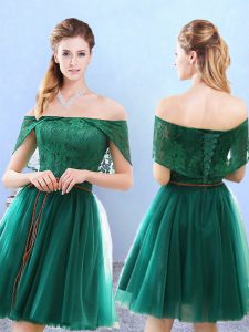 Cap Sleeves Tulle Knee Length Lace Up Quinceanera Dama Dress in Olive Green with Lace