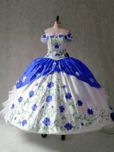 Flirting Off The Shoulder Cap Sleeves Sweet 16 Dress Floor Length Embroidery and Ruffles Blue And White Organza and Taffeta