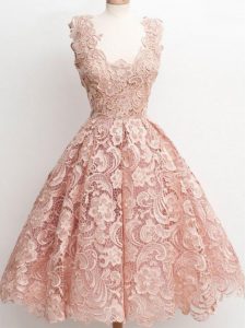 Stylish Lace Quinceanera Court Dresses Peach Zipper Sleeveless Knee Length