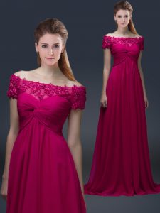 Amazing Short Sleeves Chiffon Floor Length Lace Up Mother Dresses in Fuchsia with Appliques