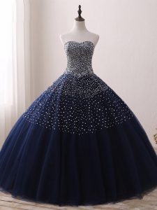 Navy Blue Quinceanera Dress Prom and Party and Military Ball and Sweet 16 and Quinceanera with Beading Sweetheart Sleeveless Lace Up