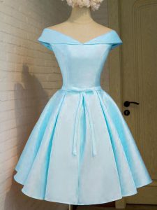 Flirting Aqua Blue Cap Sleeves Belt Knee Length Quinceanera Court Dresses
