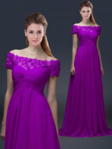 Floor Length Empire Short Sleeves Purple Mother of Groom Dress Lace Up