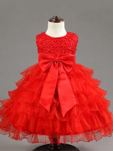 Red Ball Gowns Organza Scoop Sleeveless Ruffled Layers and Bowknot Knee Length Zipper Kids Formal Wear