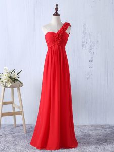 Sleeveless Floor Length Hand Made Flower Lace Up Quinceanera Dama Dress with Red