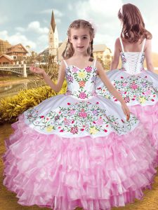 Amazing Rose Pink Organza and Taffeta Lace Up Pageant Gowns For Girls Sleeveless Floor Length Embroidery and Ruffled Layers