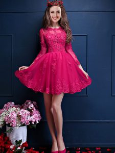 On Sale Mini Length Hot Pink Quinceanera Court of Honor Dress Scalloped 3 4 Length Sleeve Lace Up