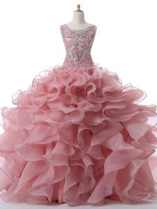 Pink Ball Gowns Organza Scoop Sleeveless Beading and Ruffles Floor Length Zipper Quince Ball Gowns