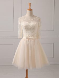 Romantic Champagne Quinceanera Court of Honor Dress Prom and Party and Wedding Party with Lace and Belt Scoop Half Sleeves Lace Up