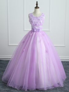 Custom Fit Scoop Sleeveless 15th Birthday Dress Floor Length Lace and Appliques and Bowknot Lavender Organza
