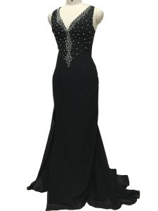 Black Column/Sheath V-neck Sleeveless Chiffon Brush Train Side Zipper Beading Mother of Bride Dresses