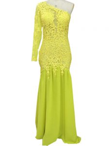 Yellow Side Zipper One Shoulder Lace and Appliques Mother Of The Bride Dress Chiffon Long Sleeves Brush Train