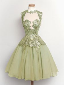 A-line Quinceanera Dama Dress Olive Green High-neck Chiffon Sleeveless Knee Length Lace Up