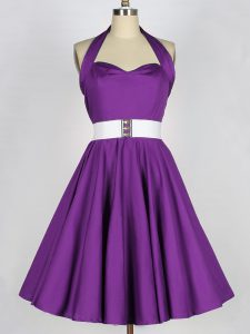 Ideal Eggplant Purple Taffeta Lace Up Halter Top Sleeveless Knee Length Quinceanera Dama Dress Belt