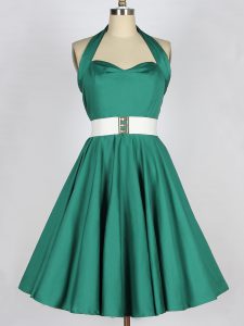 High Class Sleeveless Knee Length Belt Lace Up Dama Dress with Dark Green