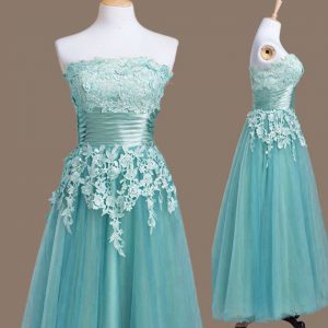 Best Strapless Sleeveless Tulle Dama Dress for Quinceanera Appliques Lace Up