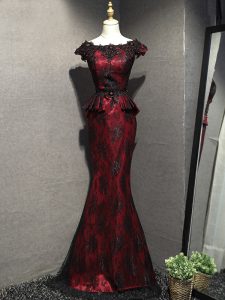 Captivating Red And Black Mermaid Scoop Sleeveless Lace Floor Length Lace Up Lace and Appliques Mother Dresses