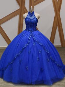 Royal Blue Sleeveless Tulle Brush Train Lace Up Quince Ball Gowns for Military Ball and Sweet 16 and Quinceanera