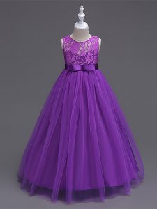 Scoop Sleeveless Little Girls Pageant Gowns Floor Length Lace Purple Tulle