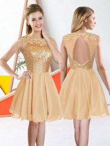 Champagne Chiffon Backless Bateau Sleeveless Knee Length Quinceanera Court of Honor Dress Beading and Lace
