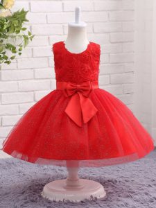 Inexpensive Tulle Scoop Sleeveless Zipper Bowknot Kids Formal Wear in Red