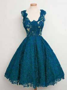 Fitting Teal Lace Up Straps Lace Quinceanera Court of Honor Dress Lace Sleeveless