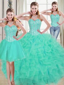 Amazing Turquoise Lace Up Quinceanera Dress Beading and Ruffled Layers Sleeveless Brush Train