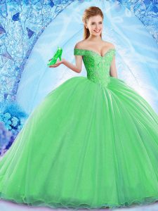 Fancy Green Vestidos de Quinceanera Military Ball and Sweet 16 and Quinceanera with Beading Off The Shoulder Sleeveless Brush Train Lace Up