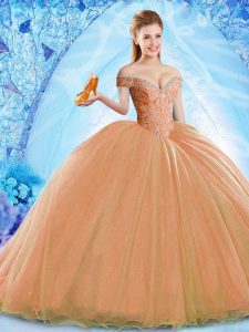 Free and Easy Off The Shoulder Sleeveless Sweet 16 Dress Brush Train Beading Orange Organza