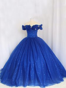 Royal Blue Ball Gowns Off The Shoulder Cap Sleeves Tulle Floor Length Lace Up Hand Made Flower Quince Ball Gowns