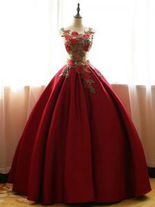 Wine Red Ball Gowns Scoop Sleeveless Taffeta Floor Length Lace Up Appliques Quinceanera Dress
