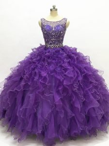 Purple Quinceanera Dresses Military Ball and Sweet 16 and Quinceanera with Beading and Ruffles Scoop Sleeveless Lace Up