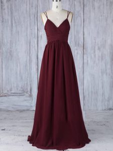 Glittering Burgundy Quinceanera Court of Honor Dress Prom and Party and Wedding Party with Appliques Straps Sleeveless Zipper
