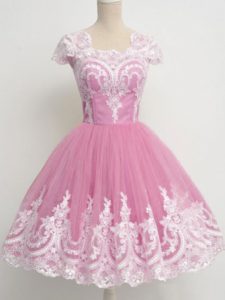 Glittering Rose Pink Tulle Zipper Square Cap Sleeves Knee Length Quinceanera Dama Dress Lace