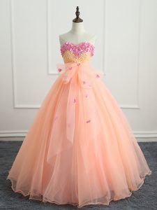 Peach Ball Gowns Organza Sweetheart Sleeveless Beading and Appliques and Bowknot Floor Length Lace Up Sweet 16 Quinceanera Dress