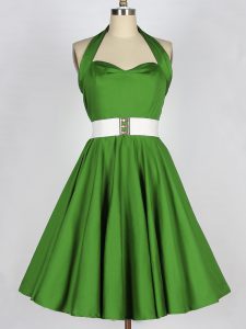 Sleeveless Taffeta Knee Length Lace Up Vestidos de Damas in Green with Belt