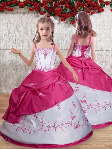 Cute Sleeveless Floor Length Embroidery Lace Up Little Girls Pageant Dress Wholesale with Hot Pink