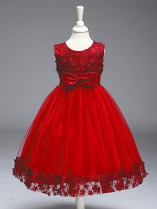 Ball Gowns Custom Made Pageant Dress Red Scoop Tulle Sleeveless Tea Length Zipper