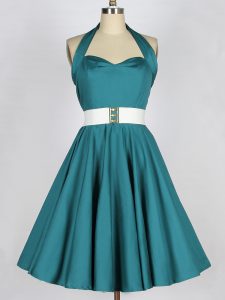 Teal A-line Taffeta Halter Top Sleeveless Belt Knee Length Lace Up Dama Dress for Quinceanera