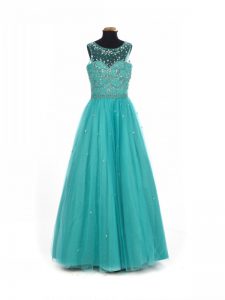 Popular Floor Length Teal Pageant Dress Toddler Tulle Sleeveless Beading