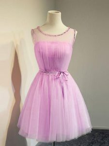 Adorable Lilac Lace Up Scoop Belt Quinceanera Dama Dress Tulle Sleeveless