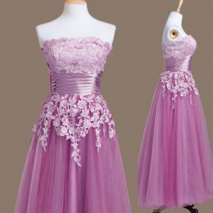 Gorgeous Lilac Lace Up Strapless Appliques Dama Dress Tulle Sleeveless