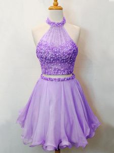 Sleeveless Organza Knee Length Lace Up Quinceanera Dama Dress in Lavender with Beading