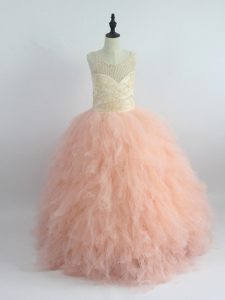 Ball Gowns Little Girl Pageant Dress Peach Scoop Tulle Sleeveless Floor Length Zipper