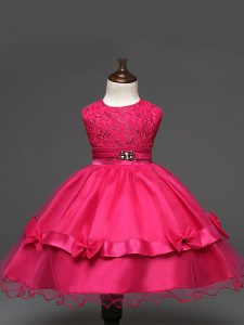Hot Pink Tulle Zipper Scoop Sleeveless Knee Length Child Pageant Dress Lace and Bowknot